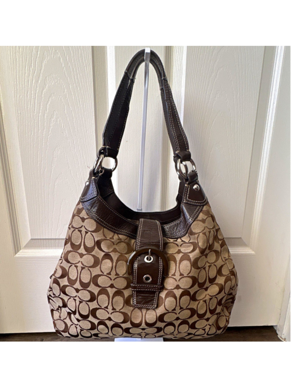 Y2K Coach Signature Monogram Hobo Shoulder Bag Brown Beige Zip Buckle Charm